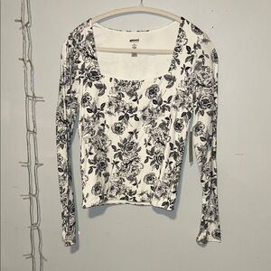 Francesca’s Navy and White Floral Long Sleeve Square Neck Top